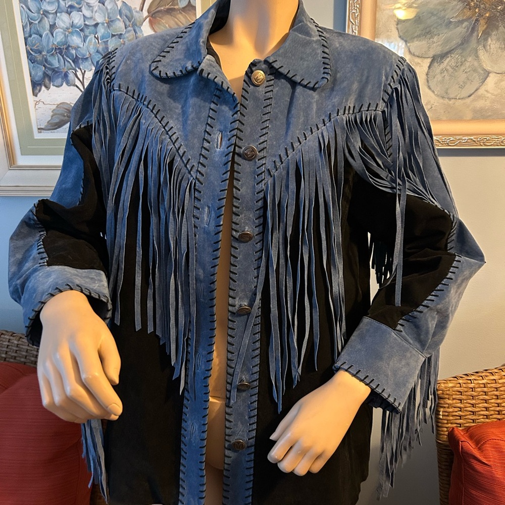 Bob Mackie Blue and Black Fringe Jacket